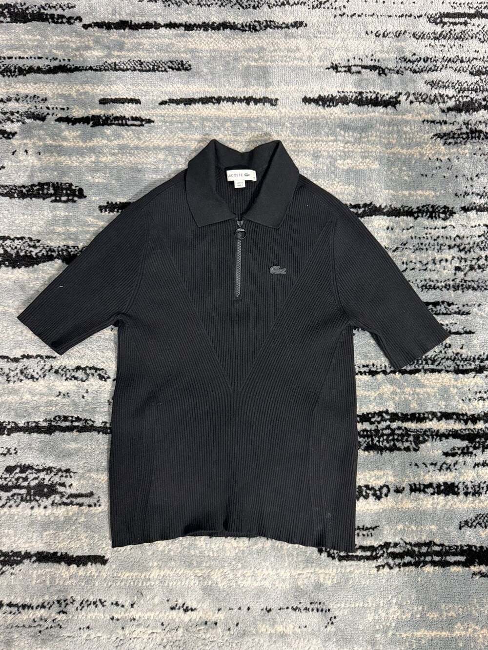 Lacoste Women's Black Ribbed-Knit Half Zip Short Sleeve Polo Top